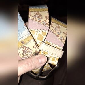 80s Vtg Boho Leather Patchwork Belt LRG Floral Animal Print Patches Retro COLORS